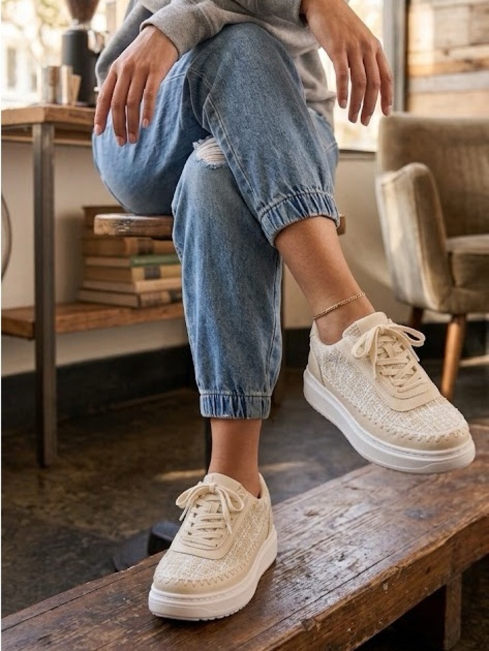Casual Tweed Platform Sneakers - Cream - Picture 3 of 5